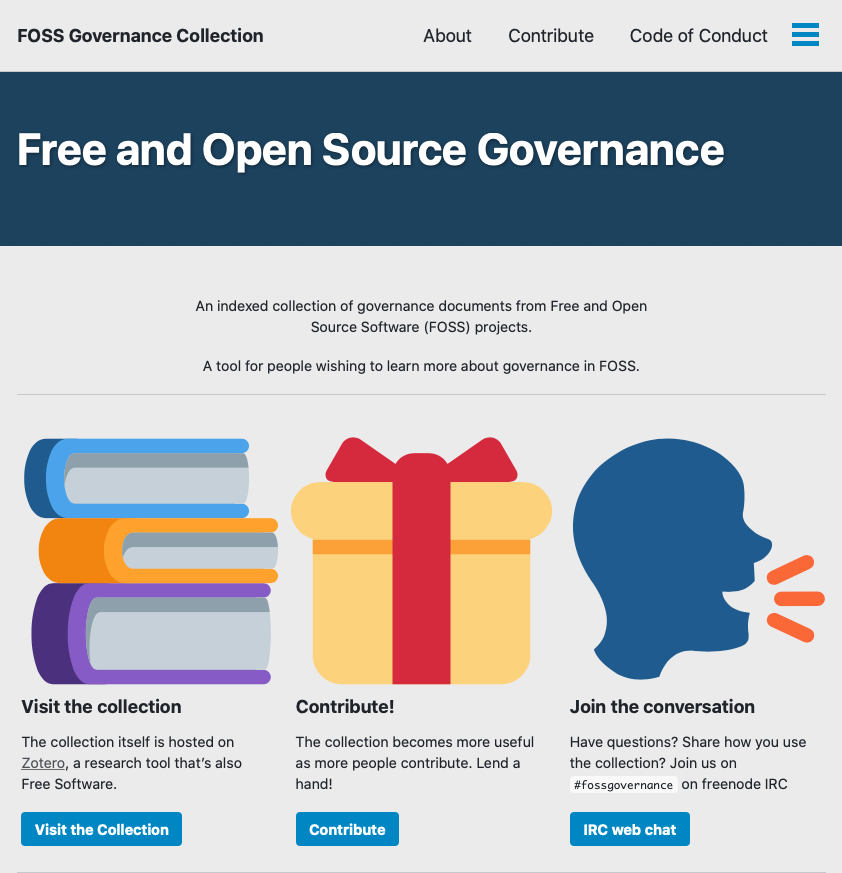 A screenshot of the front page of fossgovernance.org