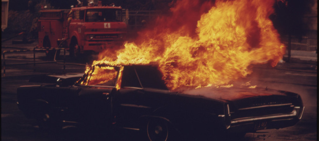 A burning car, part of a fire department demonstration