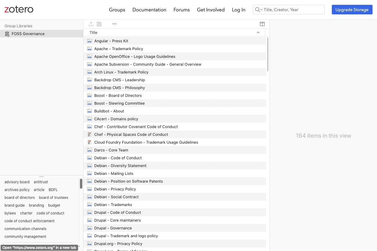 A screenshot of the FOSS Governance Collection on Zotero