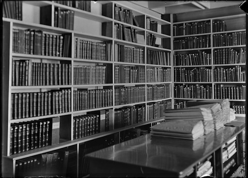 Botany Library. Rows of books, shelves and Herbarium cases. Field Columbian Museum. 1912.